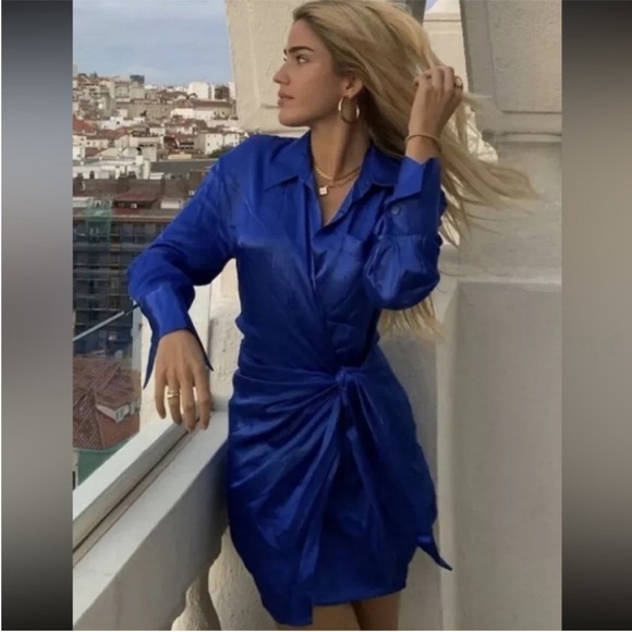 Zara Woman Blue Satin Effect Long Sleeve Wrap Mini Dress Blogger Fav Size L NWT - Picture 12 of 16